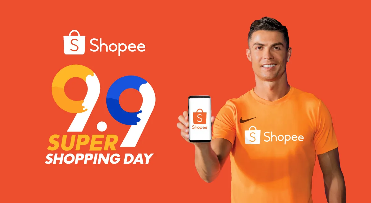 Shopee’s 9.9 campaign key visual supplied with its results release, with Ronaldo in an orange shirt holding the app.