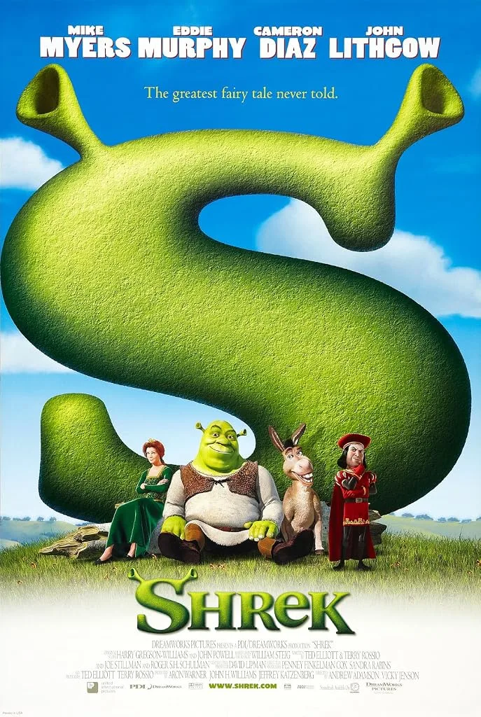 Shrek theatrical poster: the green S with Shrek, Donkey and Fiona