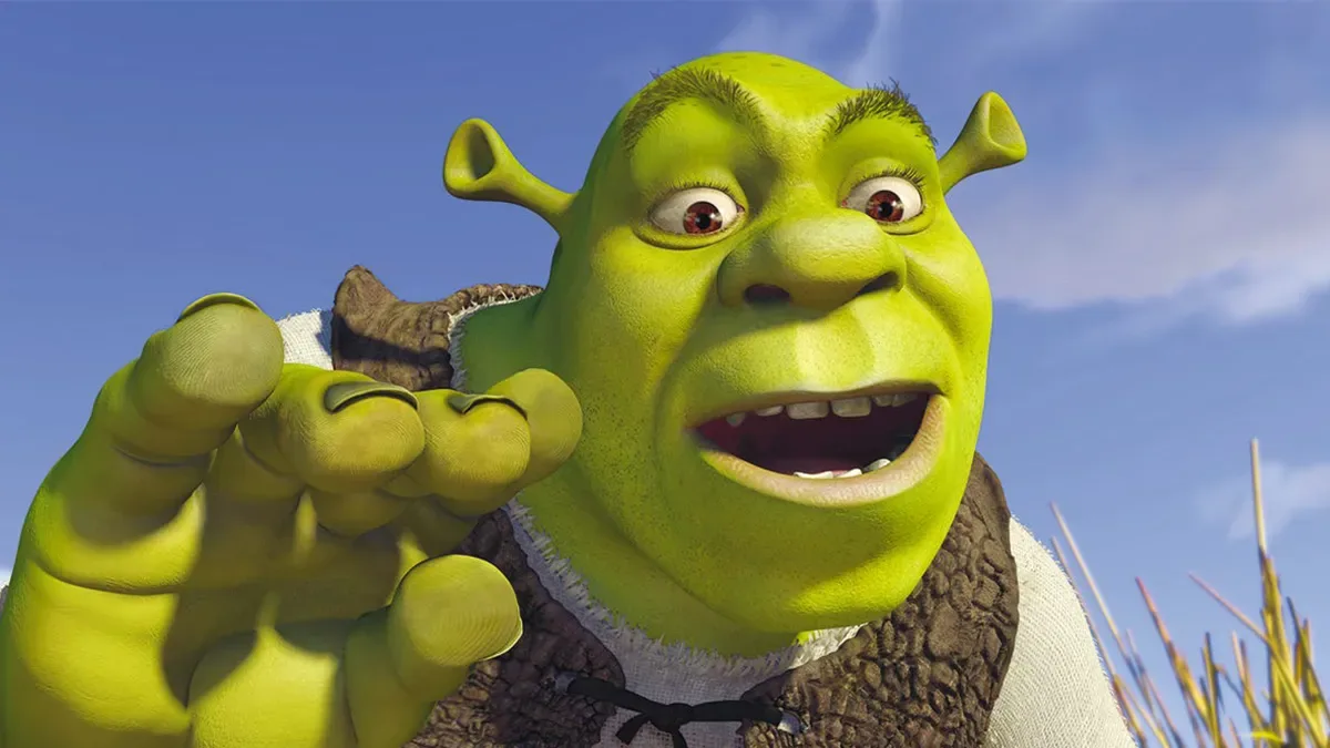 Shrek grinning in a close-up from the film