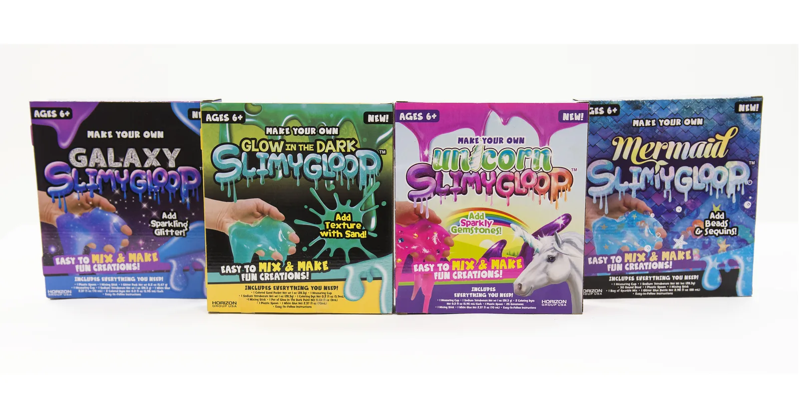 Official Horizon Group USA photograph of SLIMYGLOOP DIY slime kits.