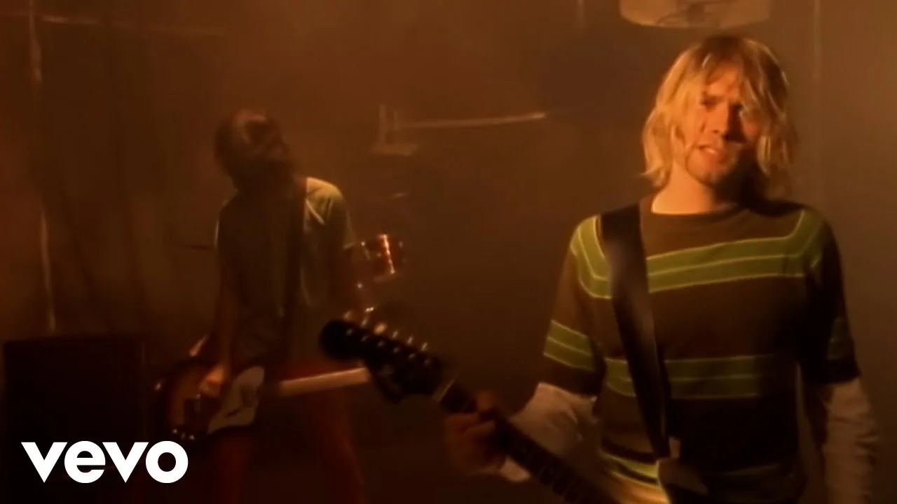 Kurt Cobain and Krist Novoselic in the official Smells Like Teen Spirit music video.