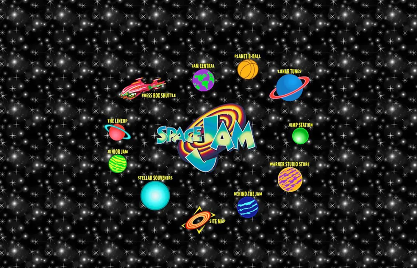 The 1996 Space Jam website homepage, a starfield of planet links