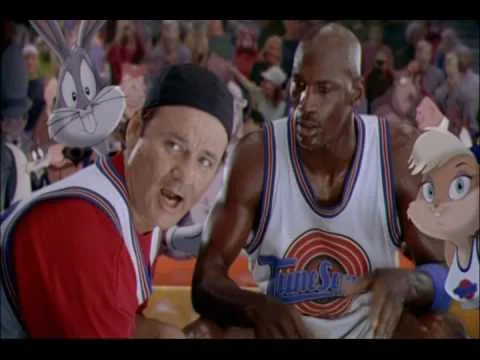 Bill Murray, Michael Jordan and Lola Bunny on the bench in the trailer