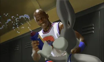 Bugs Bunny and Michael Jordan share a water bottle in the locker room