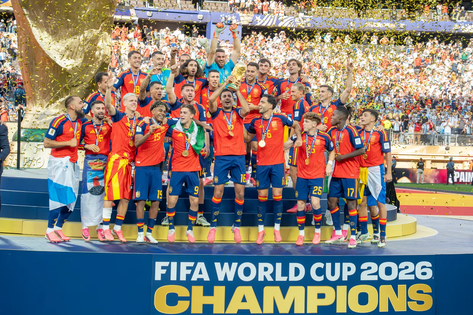 Spain lifting the World Cup trophy during Spain versus Argentina 19 July 2026.