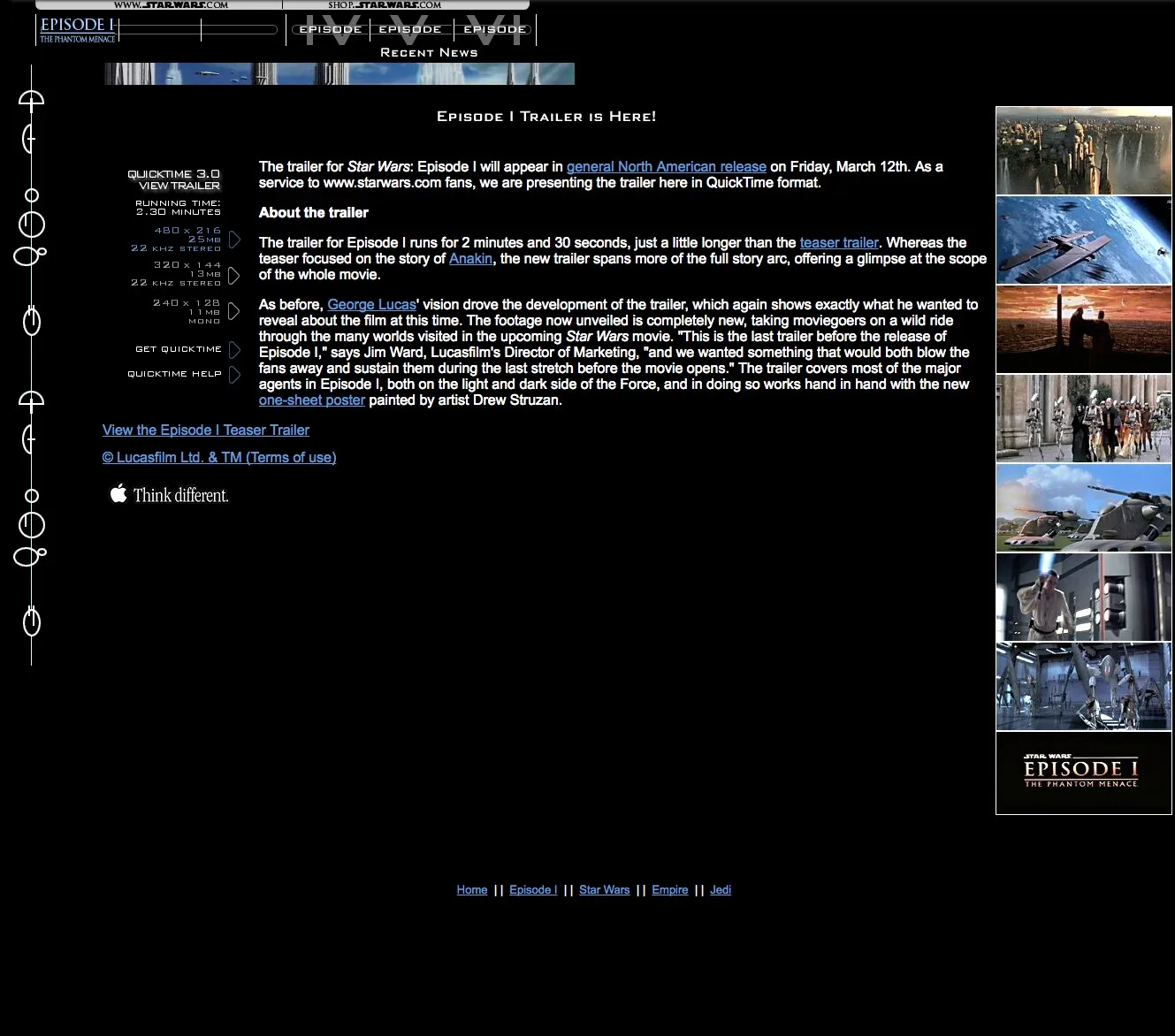 Episode I trailer download page preserved in Lucasfilm's oral history.