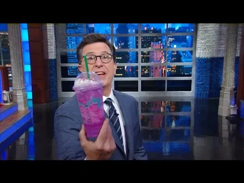 Stephen Colbert tastes the Unicorn Frappuccino on The Late Show