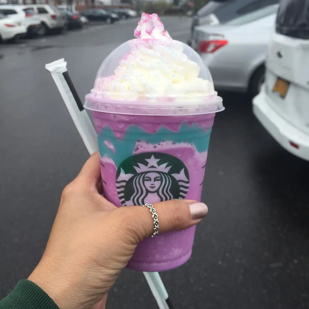 A Unicorn Frappuccino in hand, April 2017