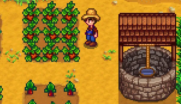 The farmer beside a well among crops