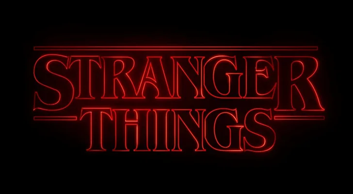 Red Stranger Things title lettering on black; Commons identifies the Netflix text logo as public domain.
