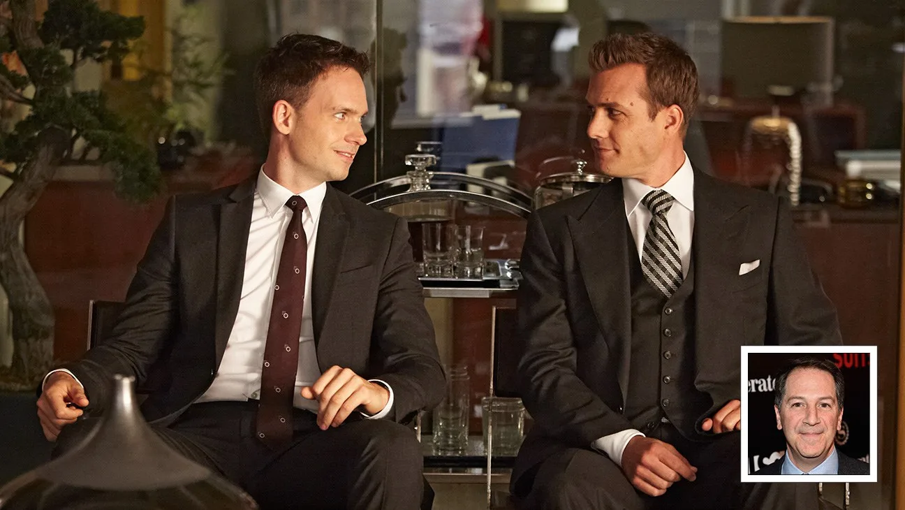 Harvey and Mike, with creator Aaron Korsh inset