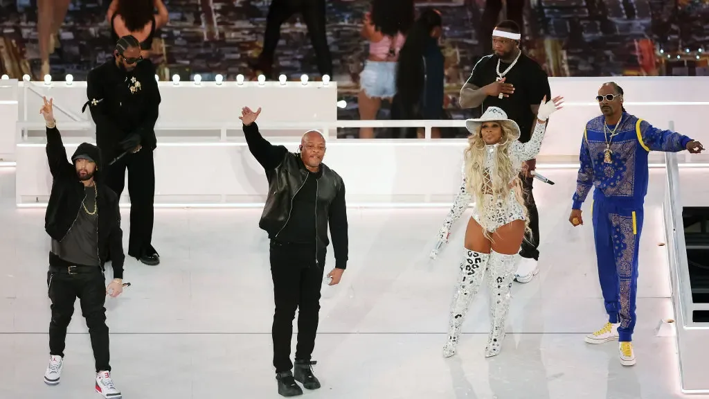 Dr. Dre, Snoop Dogg, Kendrick Lamar, Mary J. Blige, and Eminem perfrom at the halftime show of Super Bowl LVI.