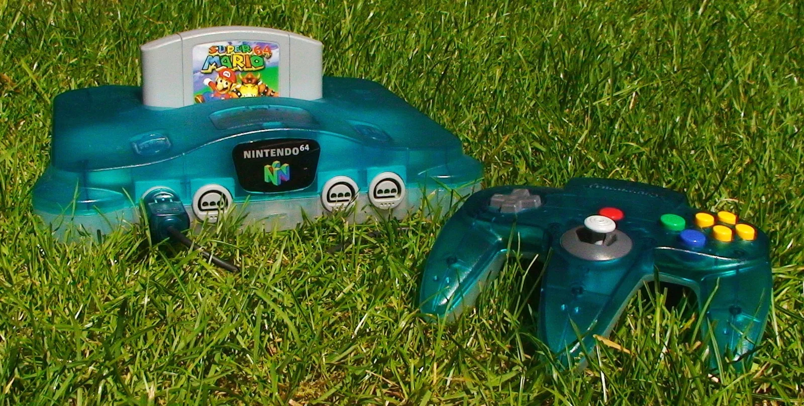 Blue Nintendo 64 with a Super Mario 64 cartridge; Creative Commons Attribution 3.0.