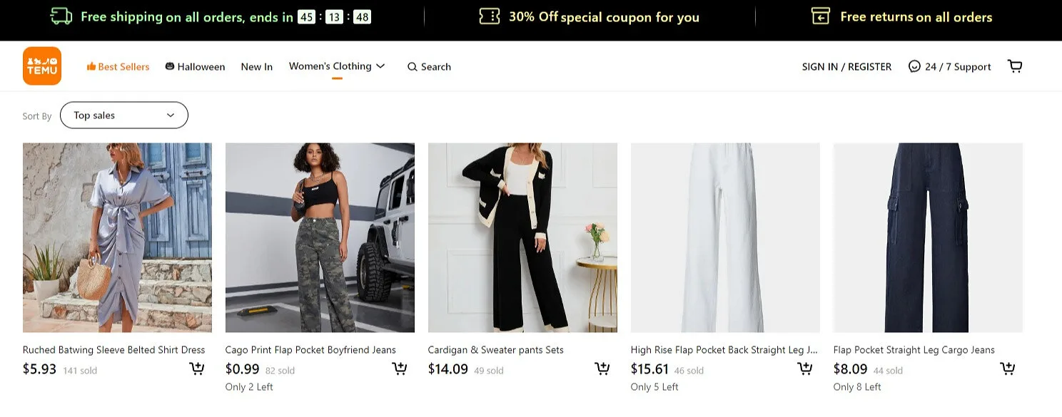 Temu's shopping interface from its launch press release