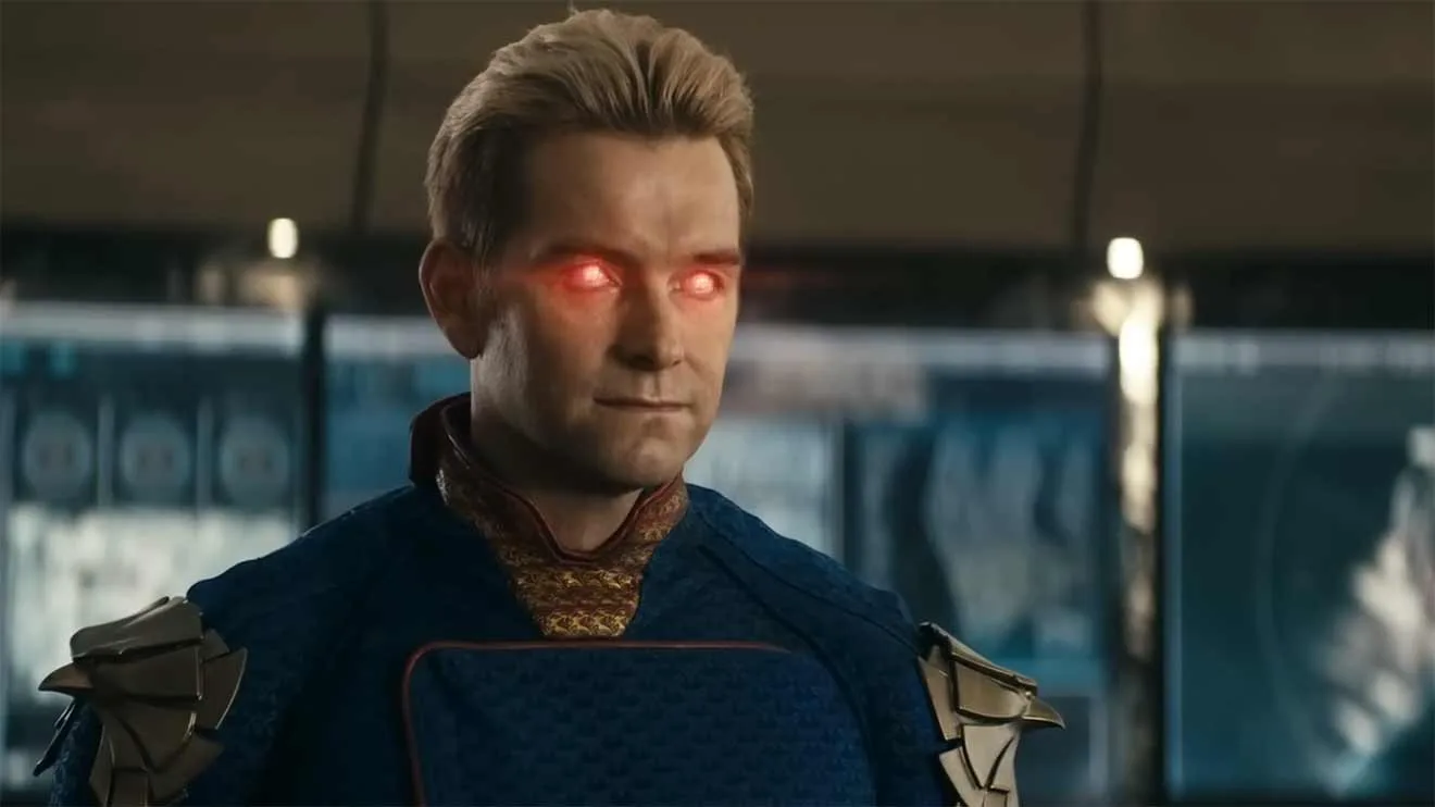 Homelander with glowing red eyes.