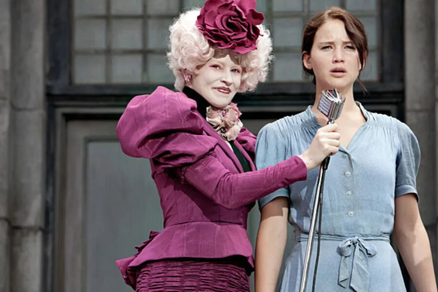 Effie Trinket and Katniss Everdeen at the reaping, from the 2012 film