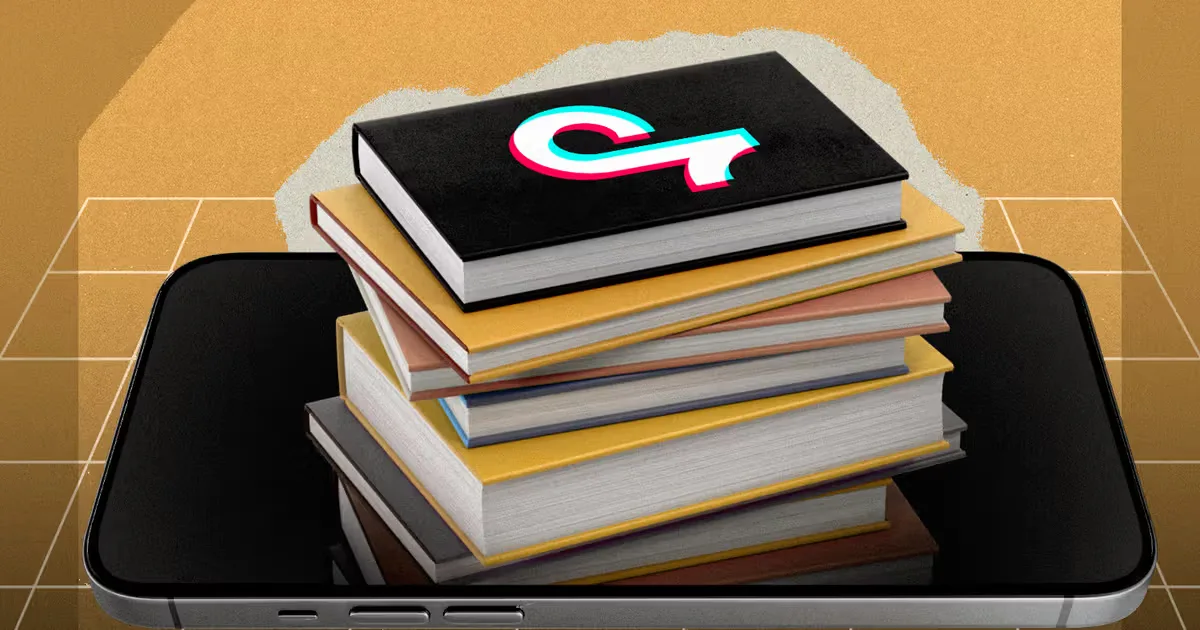 Illustration of books stacked on a phone with the TikTok logo
