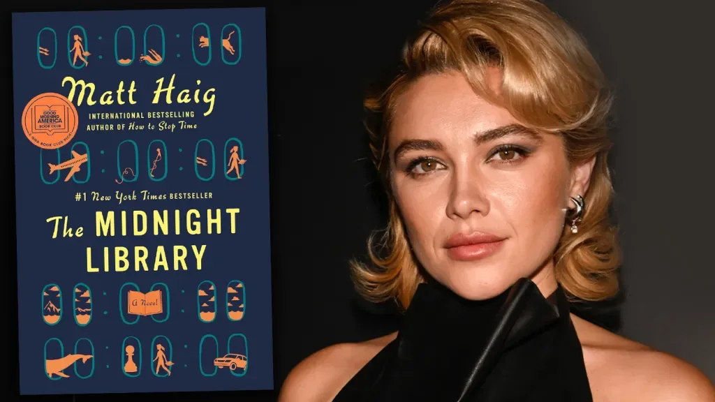 The Midnight Library cover beside Florence Pugh, attached to the film