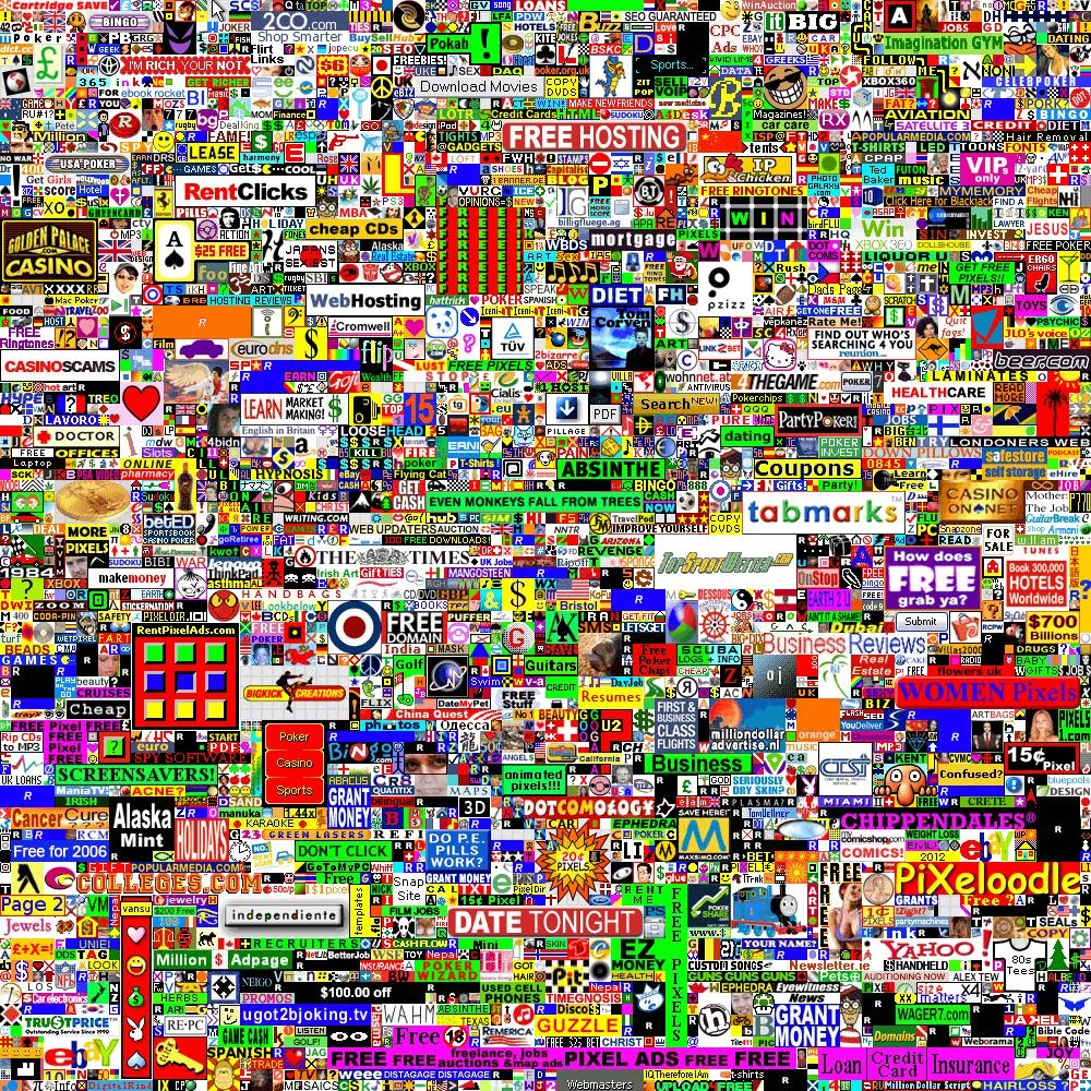 The Million Dollar Homepage’s completed advertising-pixel grid. Completed campaign grid retained on the original website; later state, not the launch-day grid.
