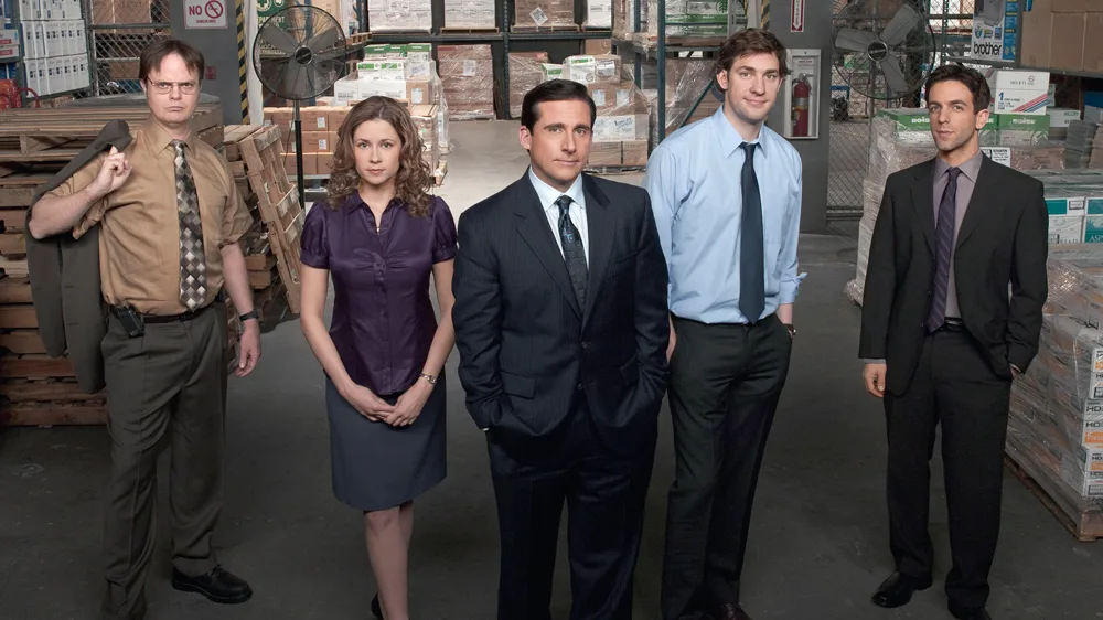The Office cast in the Dunder Mifflin warehouse