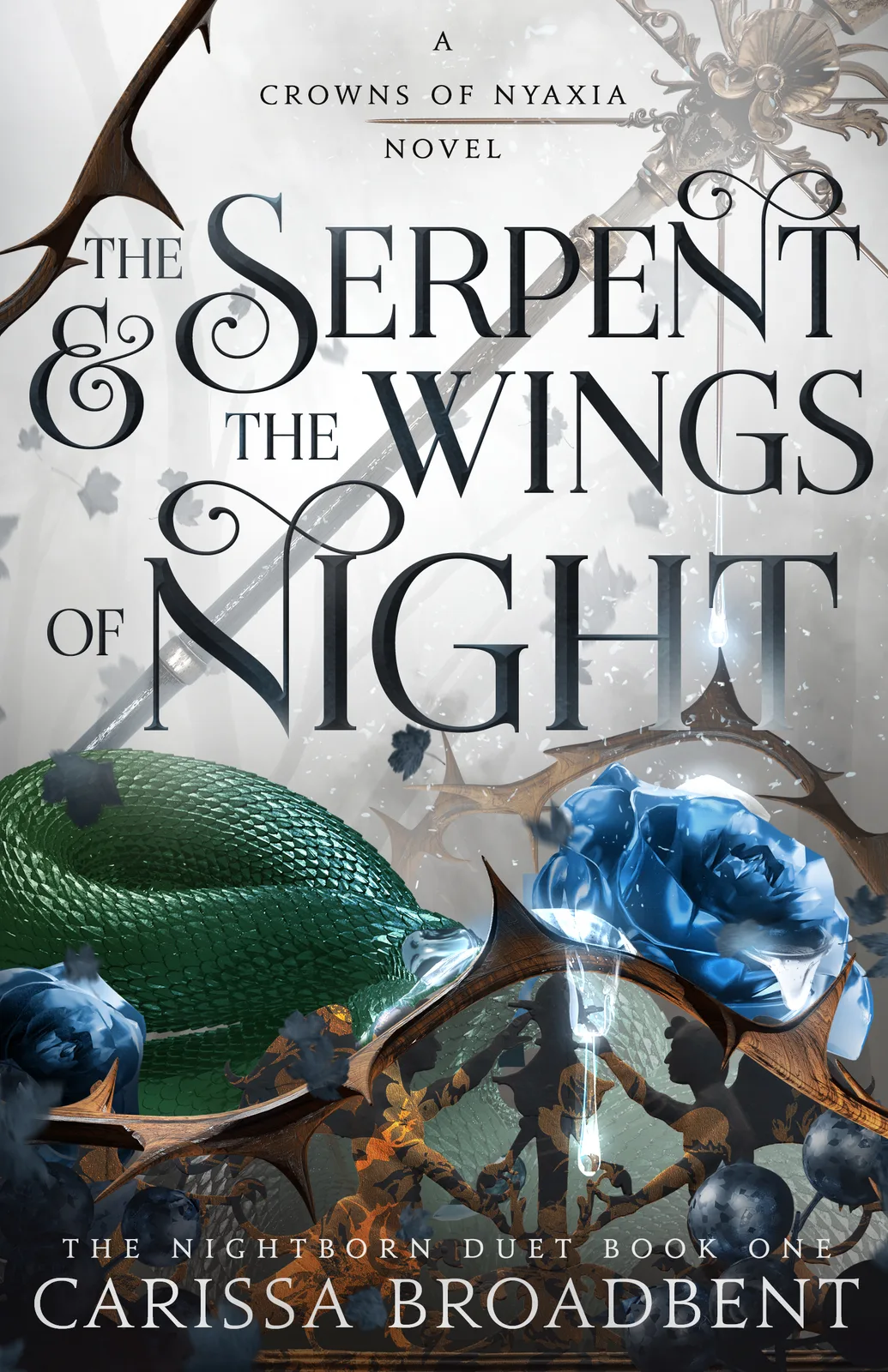 Bramble cover of The Serpent and the Wings of Night, with a serpent, sword and roses