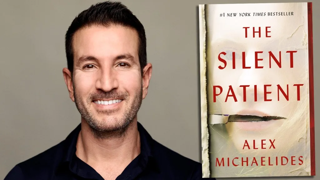 Alex Michaelides beside the cover of The Silent Patient