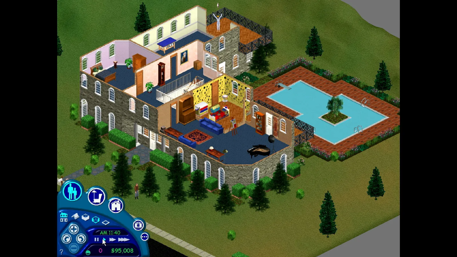 Official EA Steam screenshot of the original Sims interface, house and pool in the Legacy reissue.