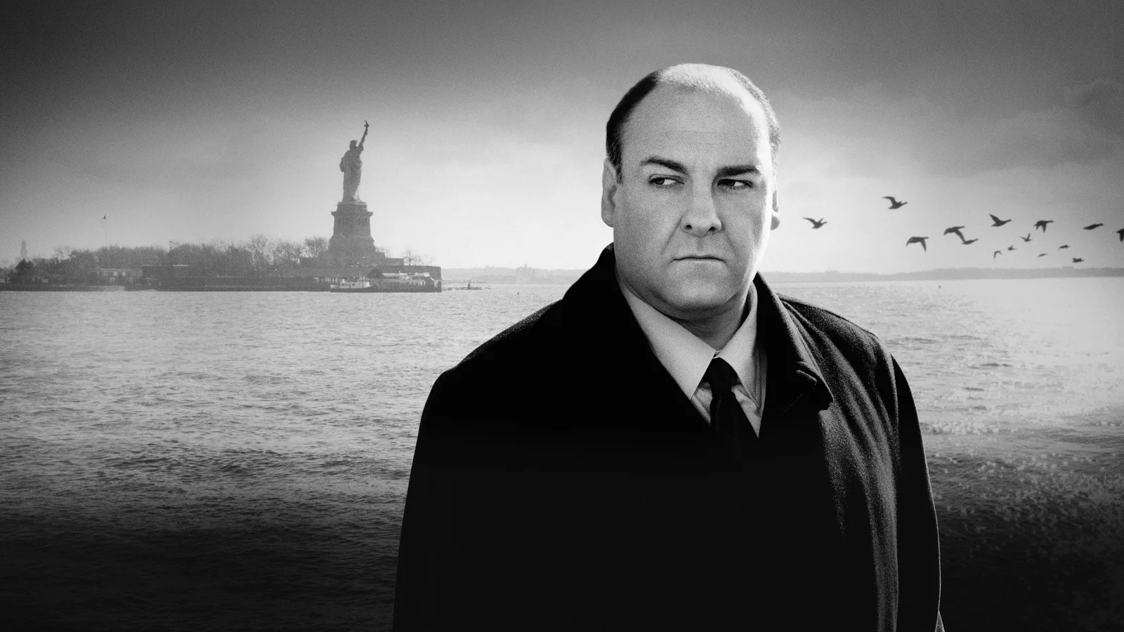 The Sopranos key art: Tony Soprano with the New York skyline behind him