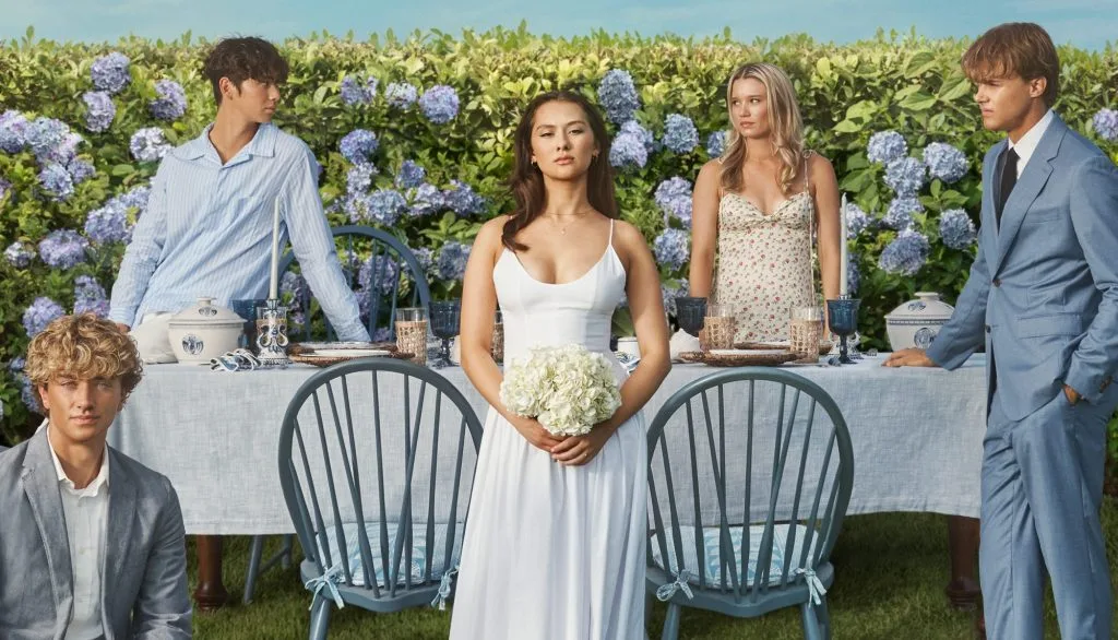 L_R: Gavin Casalegno, Sean Kaufman, Lola Tung, Rain Spencer and Christopher Briney in 'The Summer I Turned Pretty' Season 3