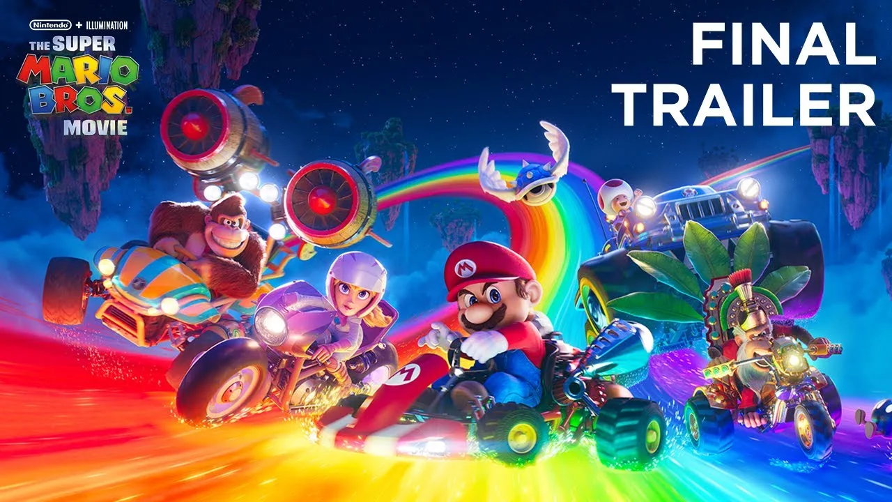 Mario Kart racers on Rainbow Road in the final trailer.