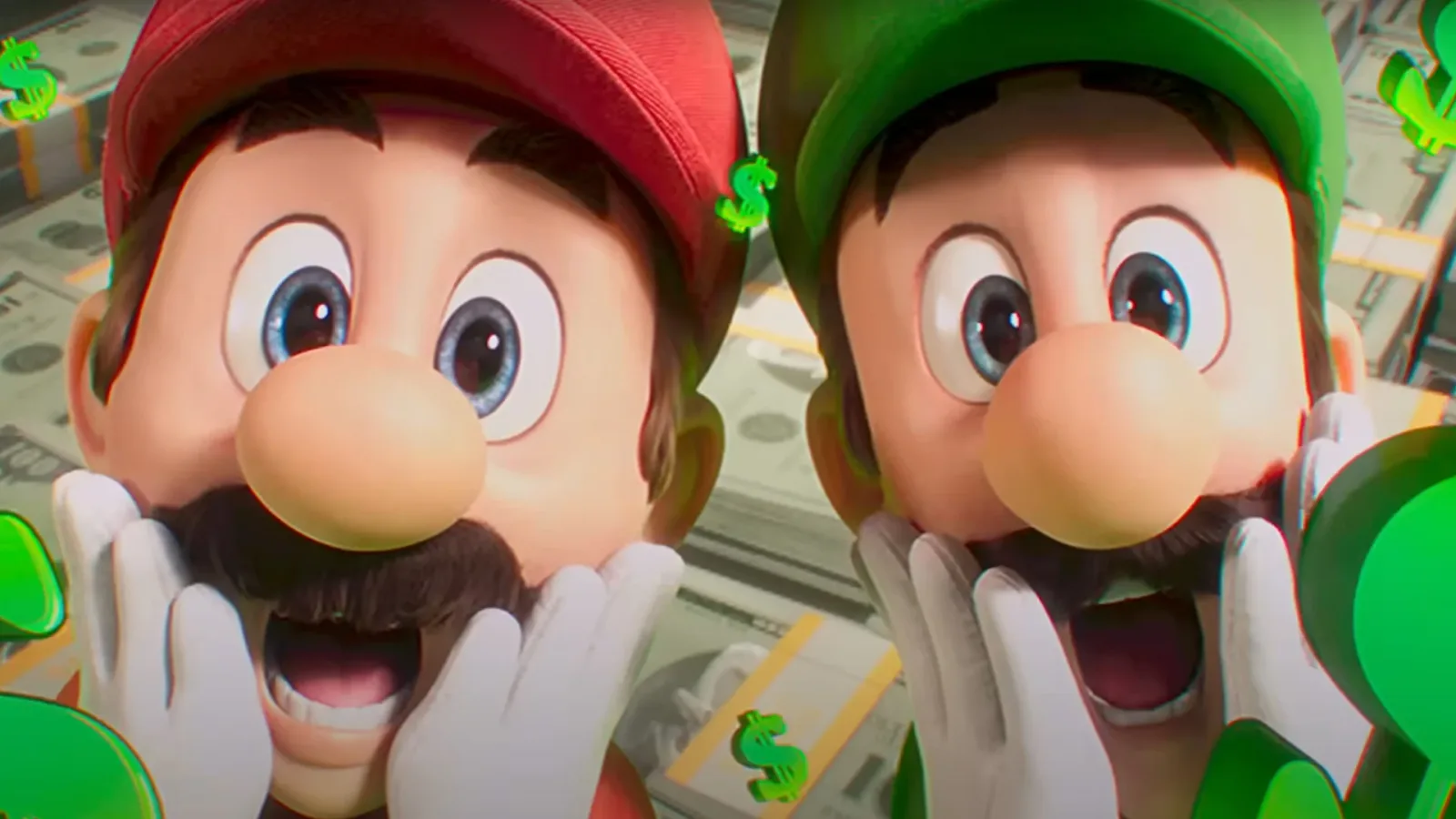 Mario and Luigi wide-eyed, from the Super Bowl ad that revived the Super Show rap.