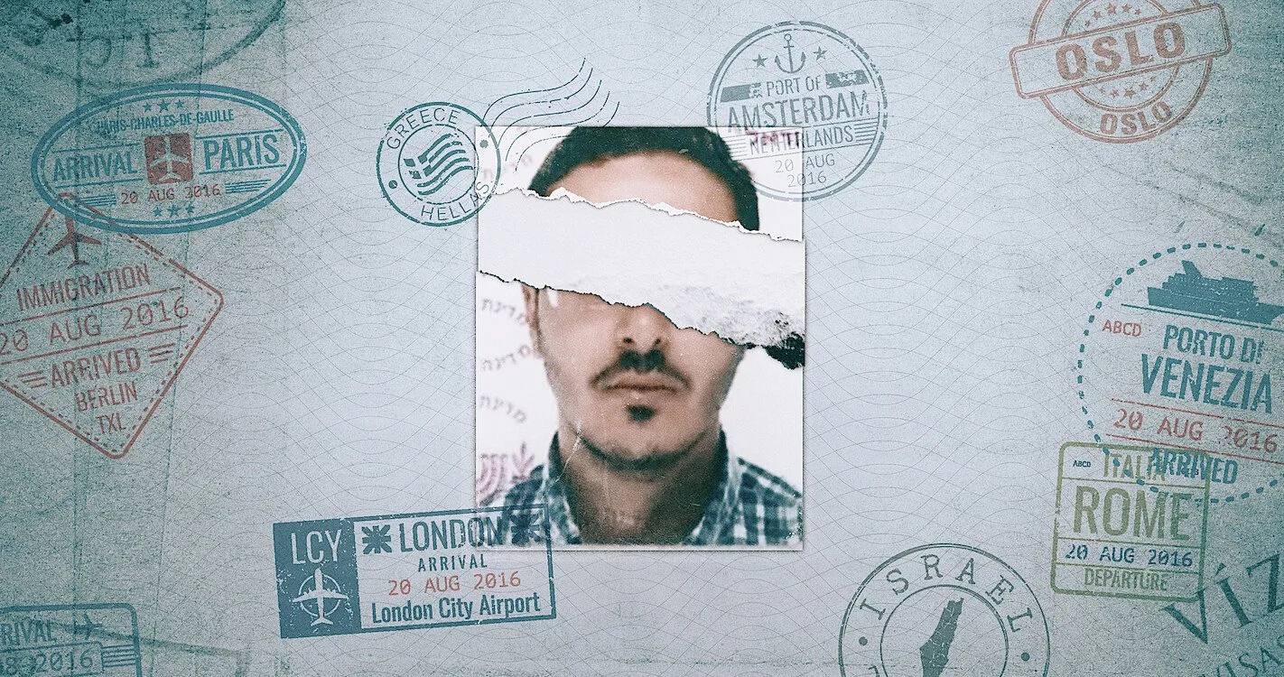 Simon Leviev's face half covered, in documentary artwork