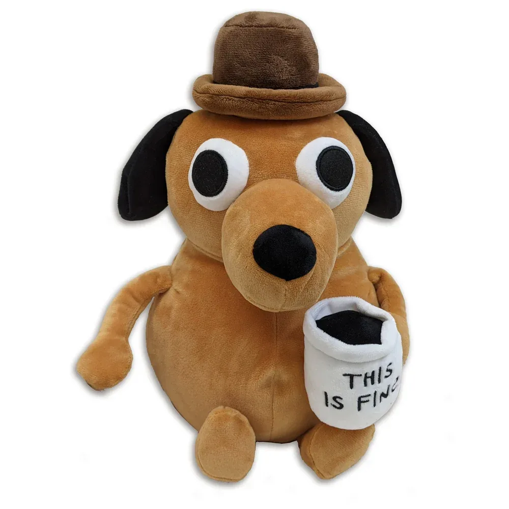 The authorized Question Hound plush with hat and coffee mug.