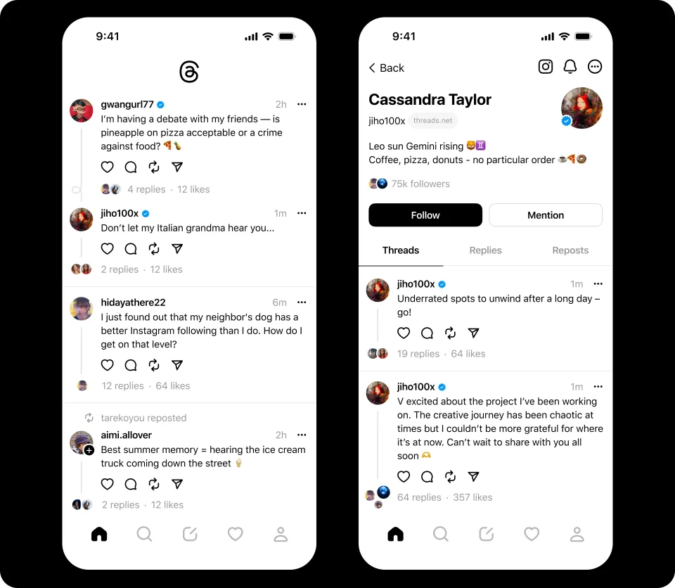 Meta’s launch screenshots show the original Threads feed and a profile.