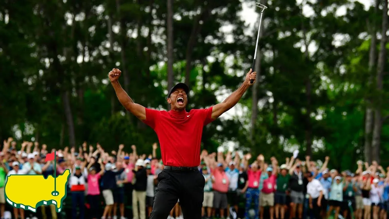 Tiger Woods celebrates his final putt at the 2019 Masters