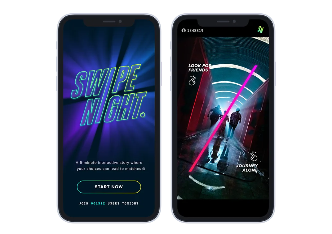 Official launch artwork showing Swipe Night’s start screen and a branching video choice.