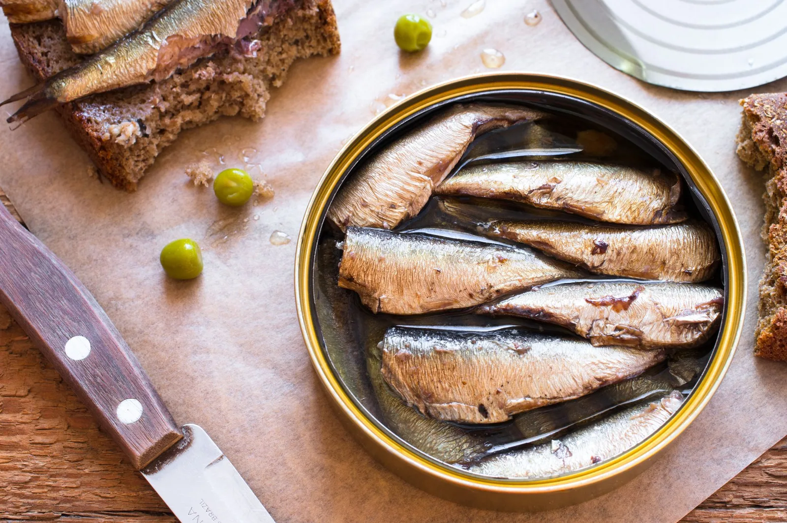 Tin can of sprats, sardines. Top view