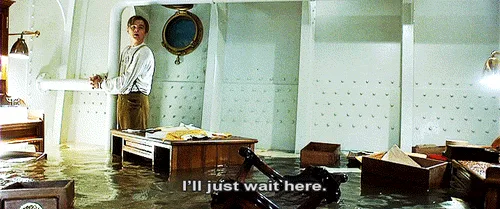 A flooded Titanic room, shared as the I'll just wait here meme