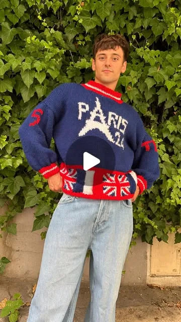 Daley in the sweater he knitted during the Paris Olympics