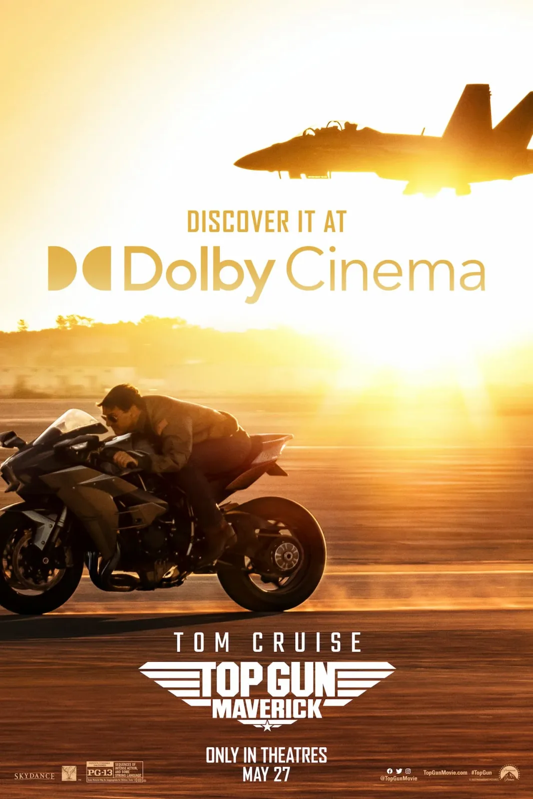 Official Dolby Cinema poster showing Tom Cruise riding a motorcycle beneath an aircraft.