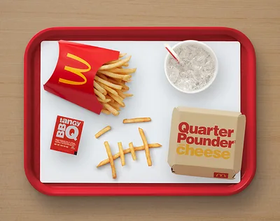 Official product photograph of the Travis Scott Meal with Quarter Pounder, fries, BBQ sauce and Sprite.