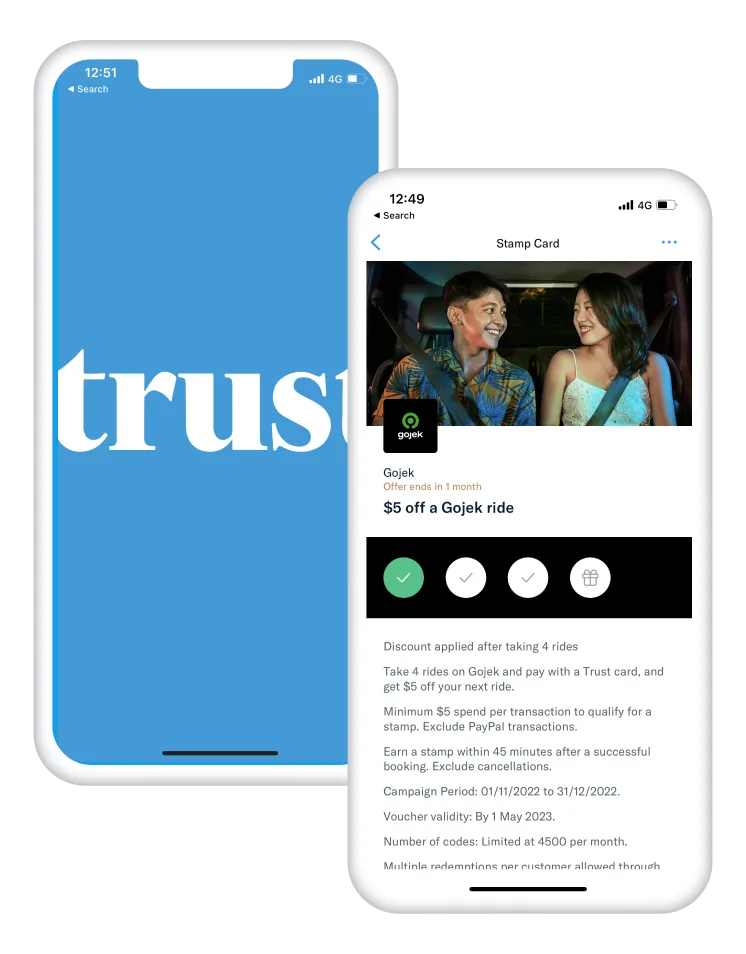 Trust app splash screen and Gojek stamp-card reward, shown in Perx’s December 2022 newsletter.
