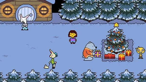 Undertale screenshot of the snowy town of Snowdin