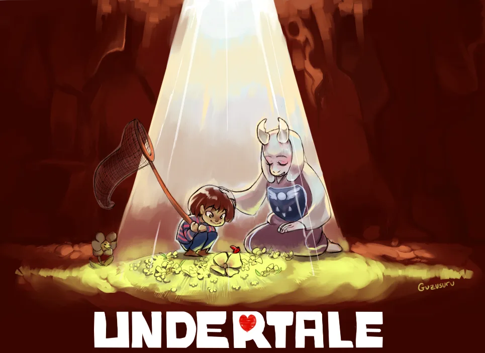 Undertale key art: the fallen human in a pool of light among golden flowers