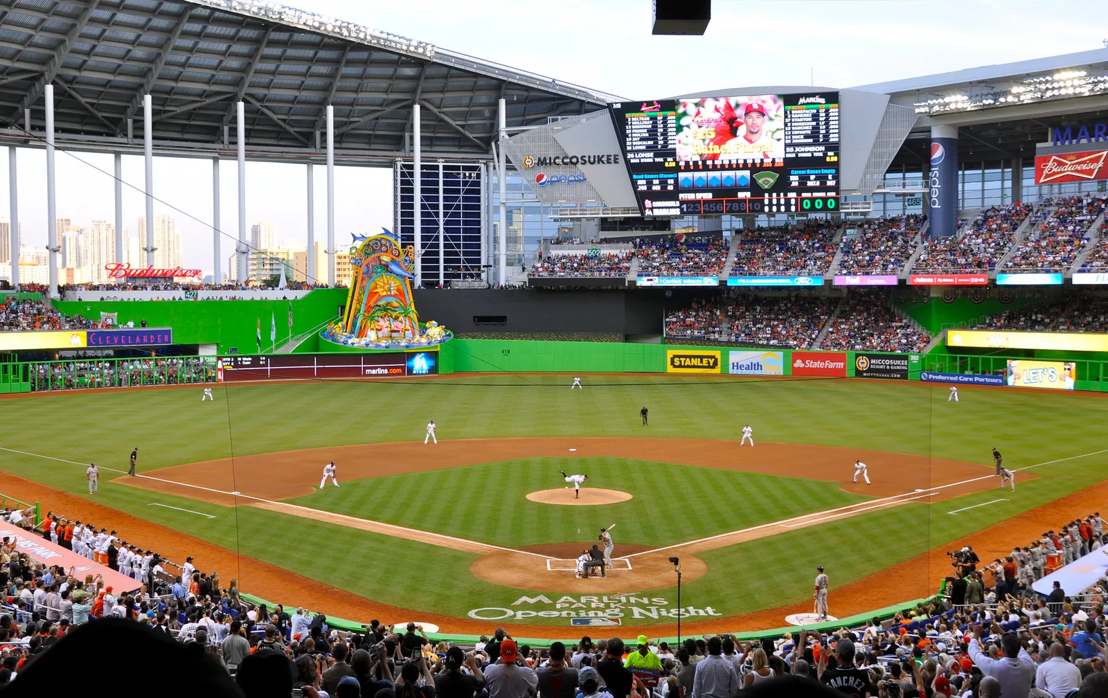 First pitch at Marlins Park , home of the Miami Marlins , which held its first Major League game on April 4, 2012, between the Marlins and the St. Louis Cardinals.
