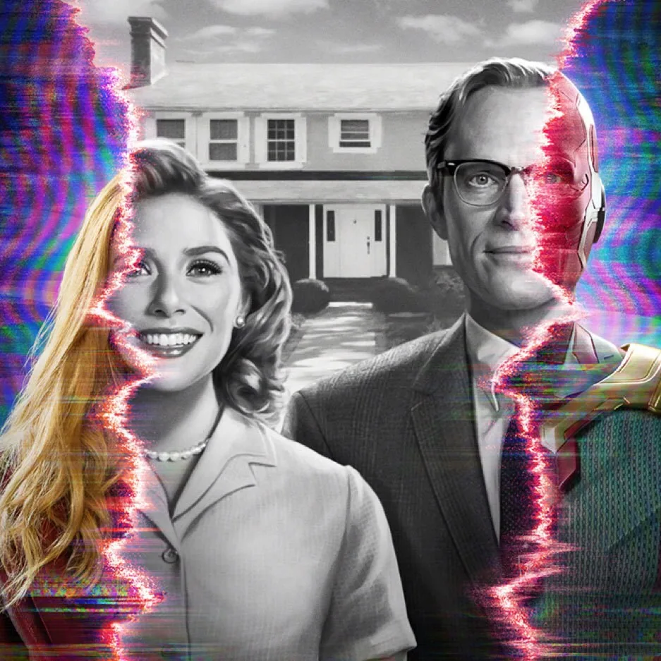 WandaVision art splitting Wanda and Vision in glitches