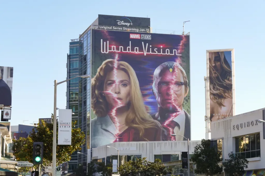 A WandaVision billboard on a Los Angeles building