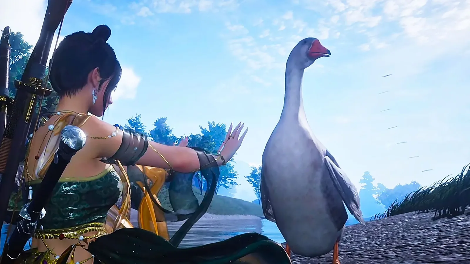 A screenshot of a Where Winds Meet YouTube video from user Rise. A woman holds her hands out toward a giant goose with a bright blue sky in the background.