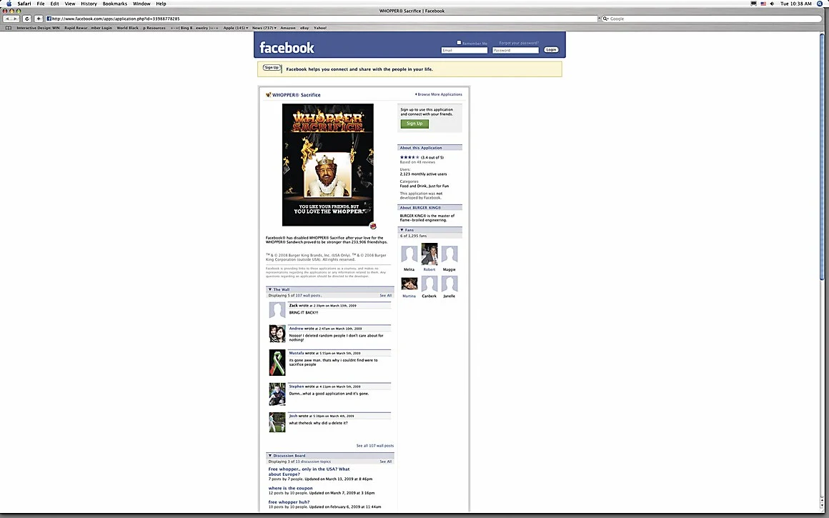 Whopper Sacrifice Facebook application shown in the campaign portfolio