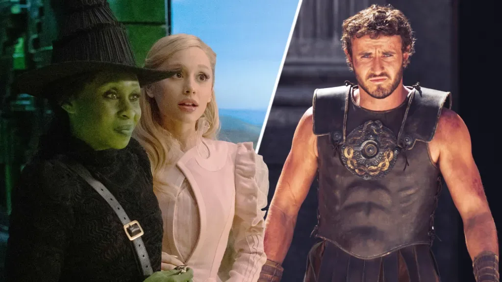Cynthia Erivo and Ariana Grande in a 'Wicked' still; Paul Mescal in a 'Gladiator 2' still